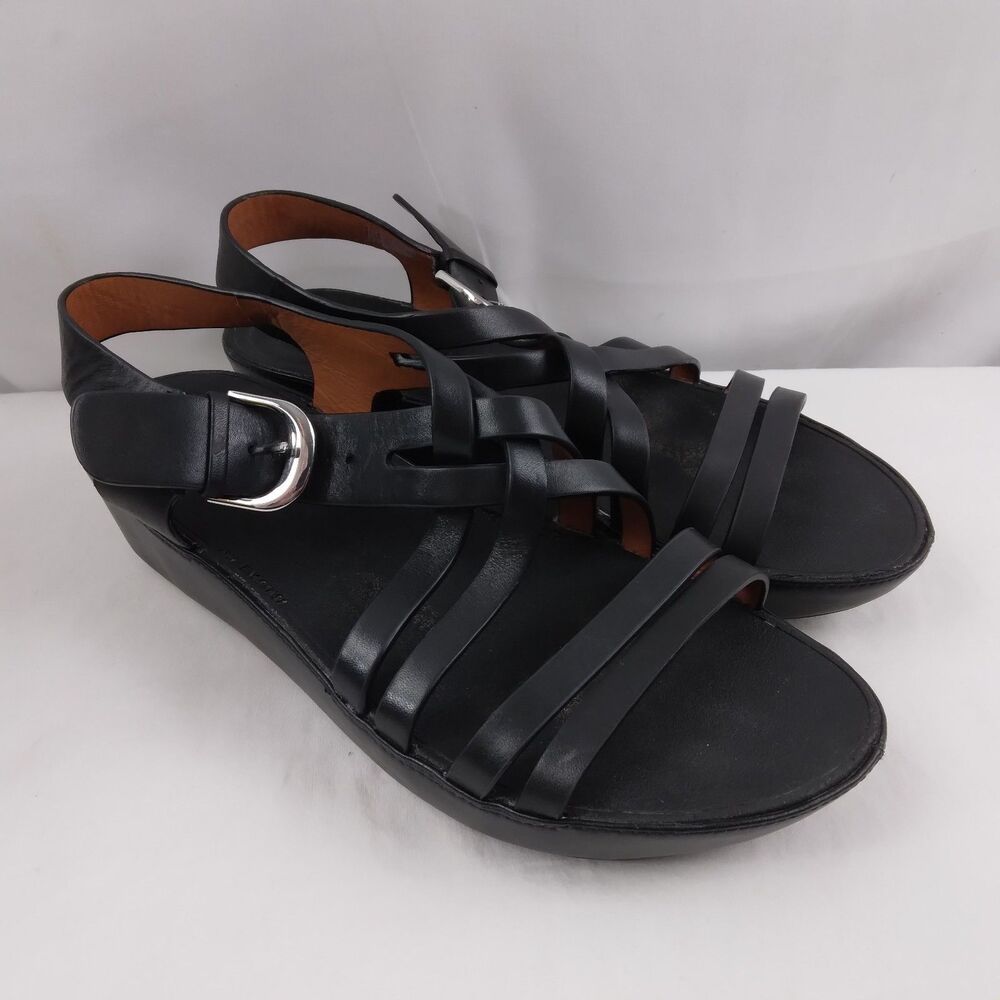 FitFlop Naia Leather Strappy Buckle Black Sandals Lightweight Casual Women's 8